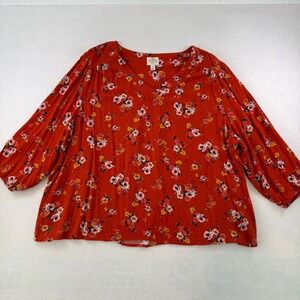 St Johns Bay Womens 2X Blouse Burnt Orange Floral V-Neck 3/4 Sleeve Rayon Top